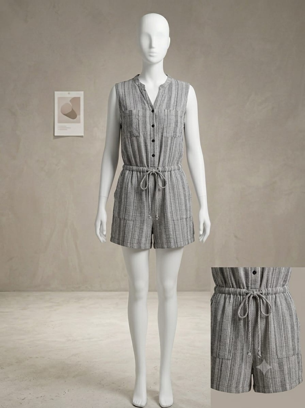 Sleeveless Striped Drawstring Romper Dress - Gray